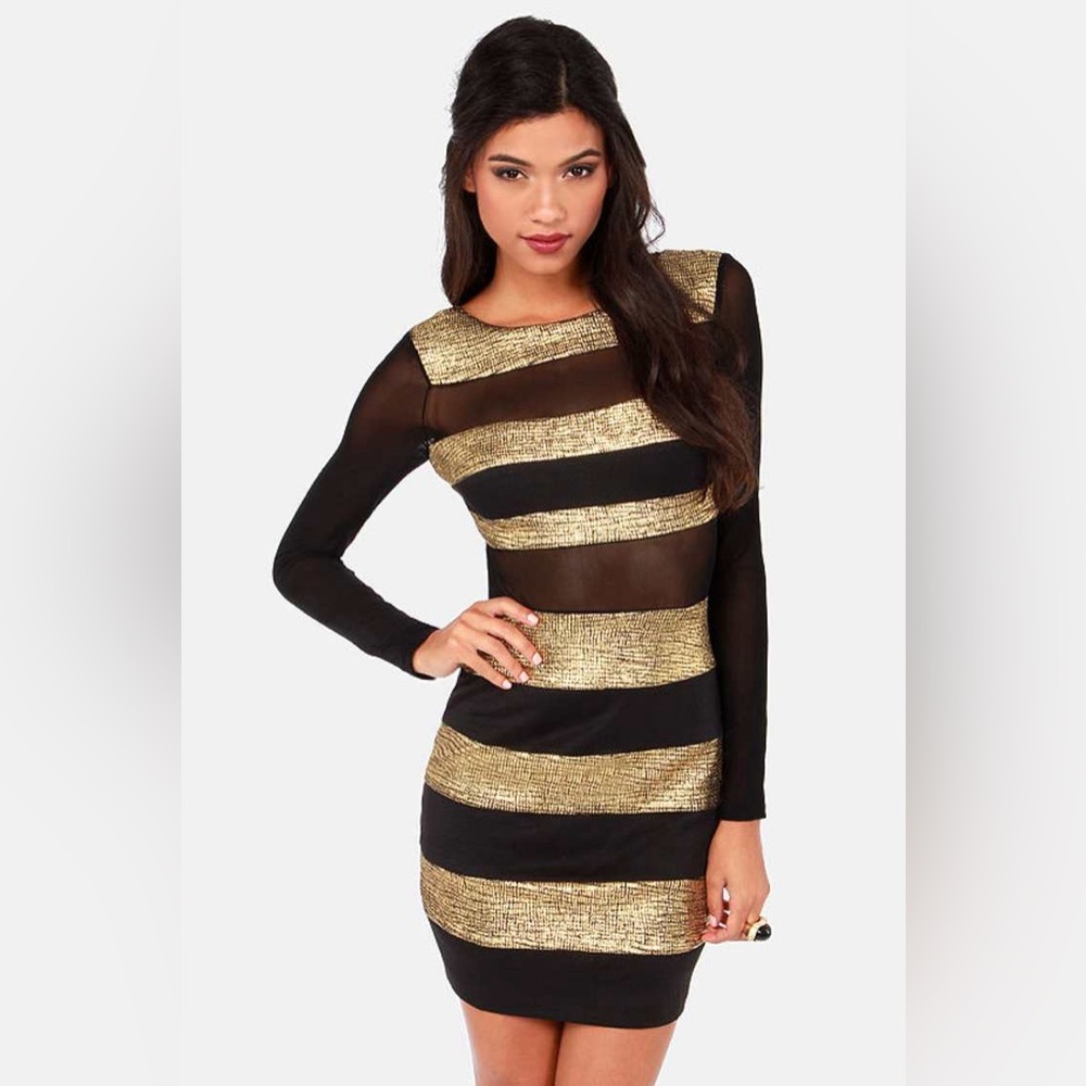 Sparkle & Fade Black and Gold Long Sleeve Dress - S